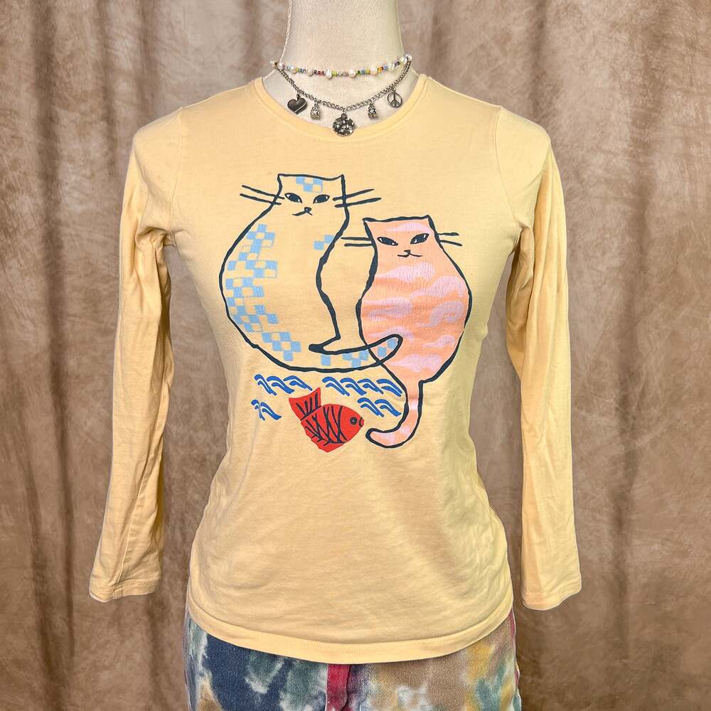 Fishing Cats T-Shirt Pale Yellow Art Graphic Tee Double Sided Kidcore Euro Boho